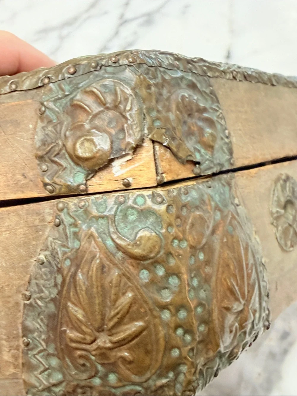 Antique Brass & Wood Ornate Hexagonal Decorative Trinket Box from Czech Republic